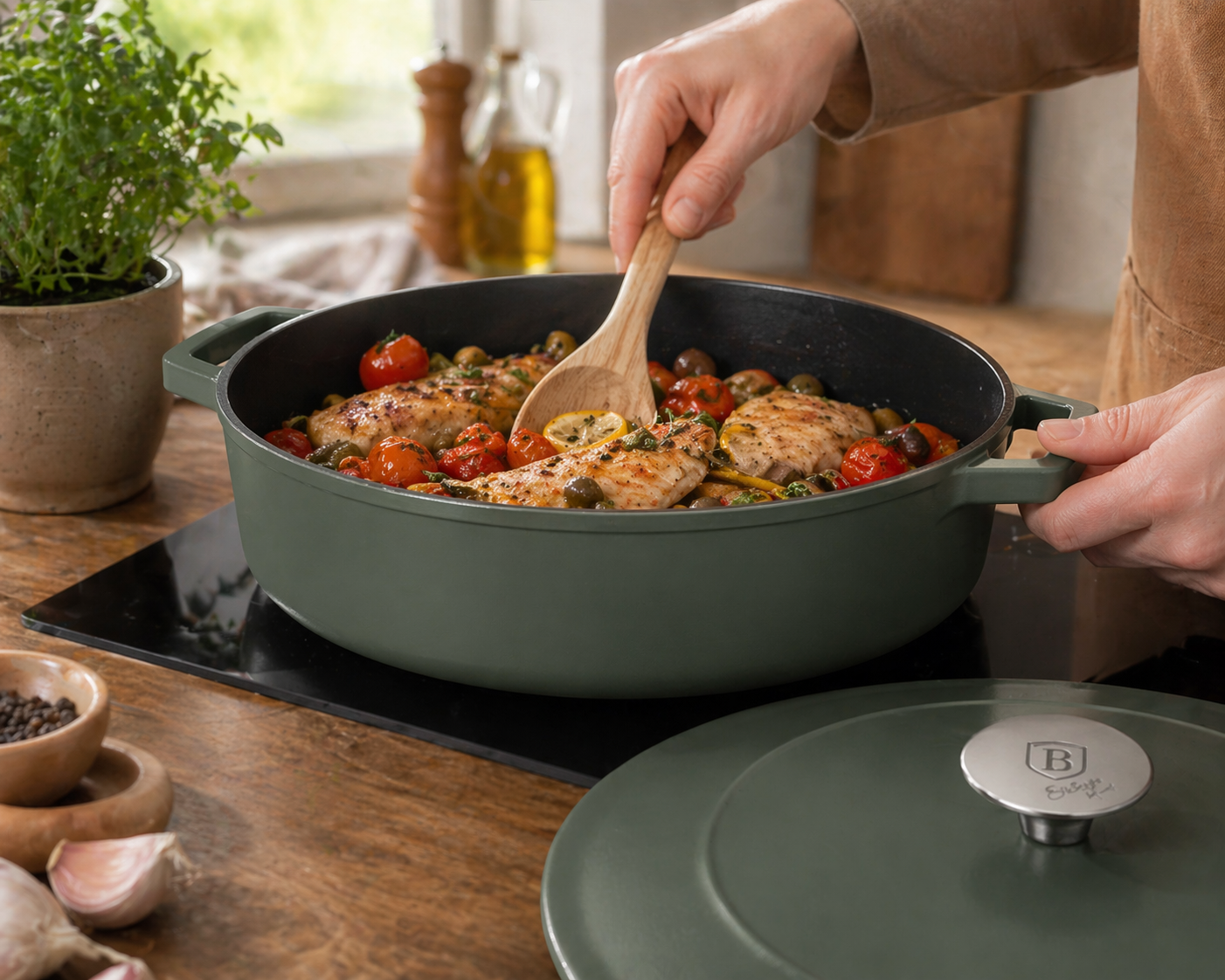Berlinger Haus 26cm Cast Iron Shallow Pot – Matte Green