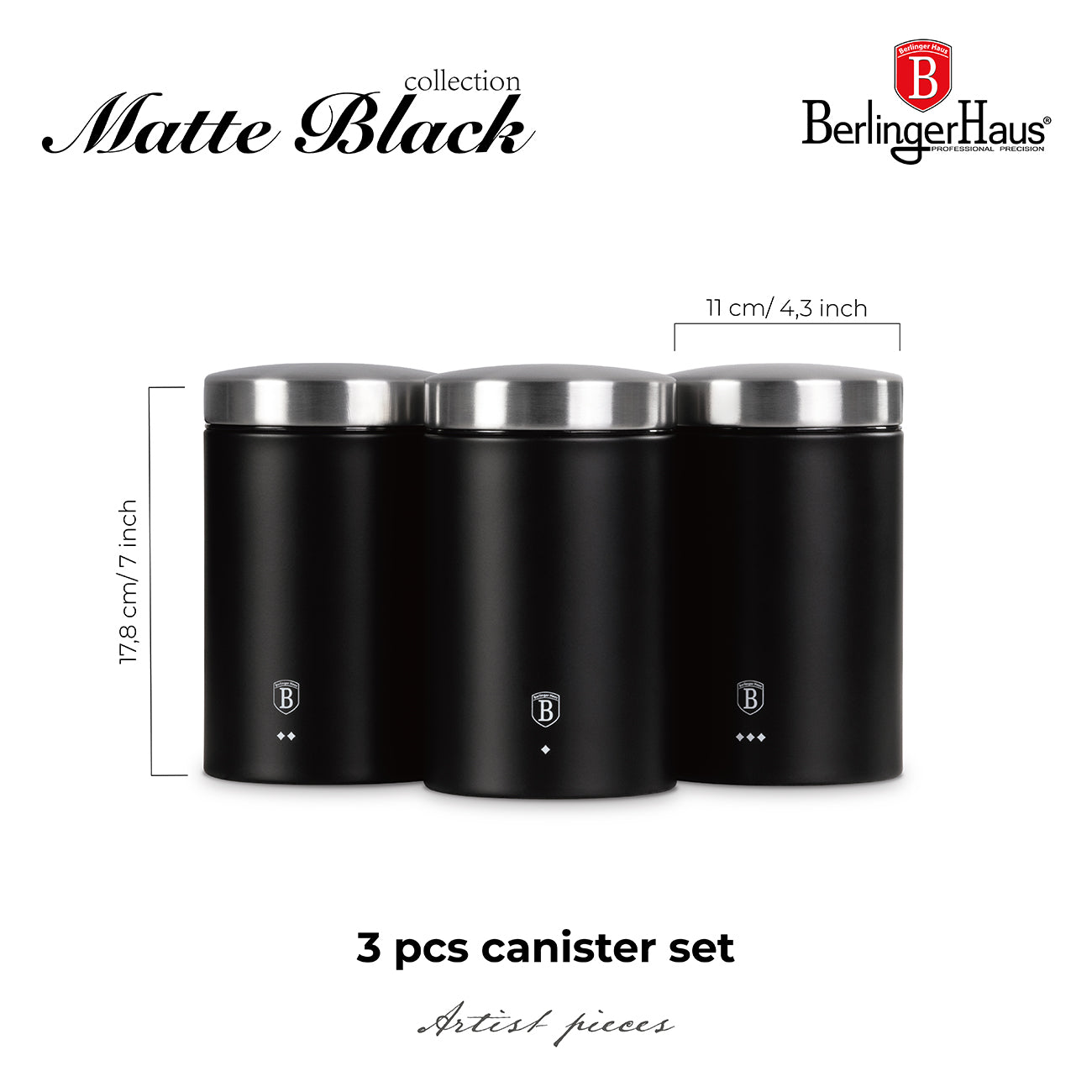 Berlinger Haus 3 Piece Stainless Steel Premium Canister Set - Black Silver