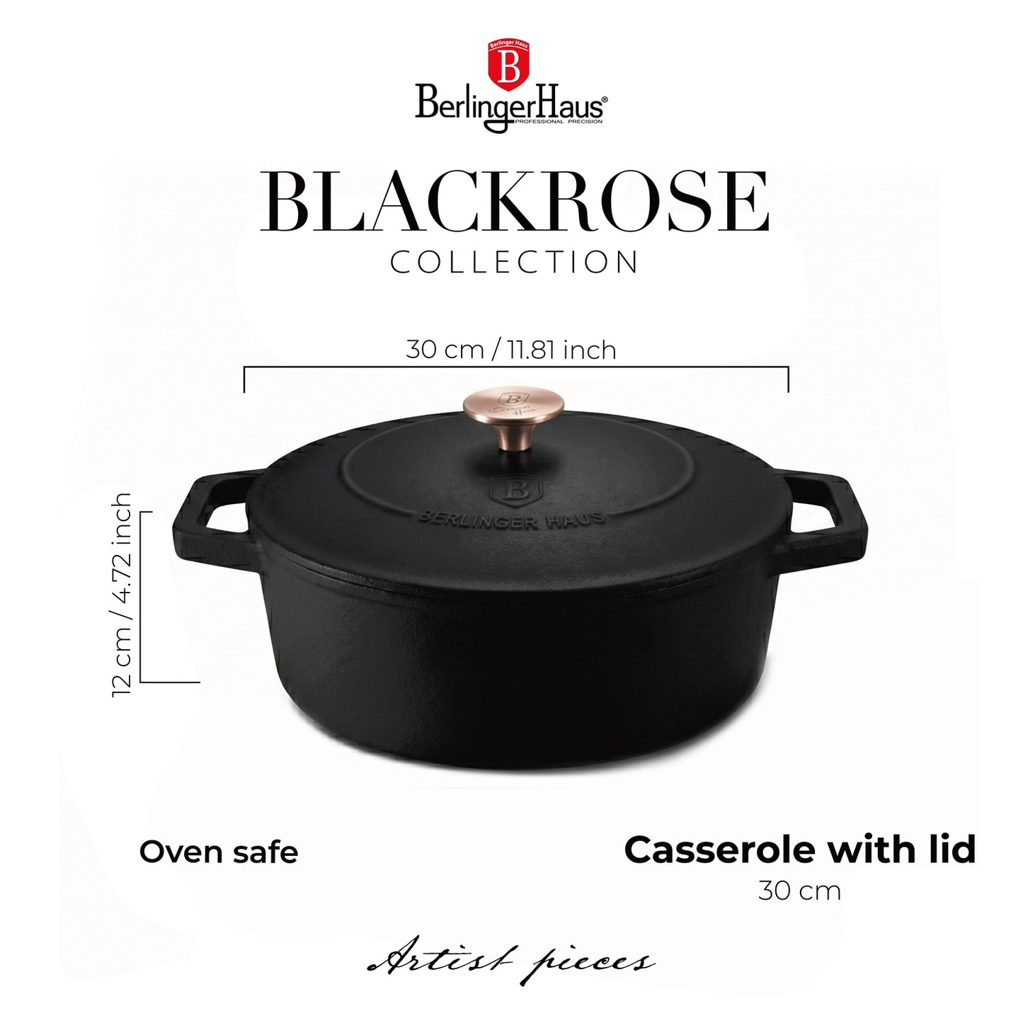 Berlinger Haus 30cm Enamel Coating Cast Iron Oval Casserole - Black Rose Line