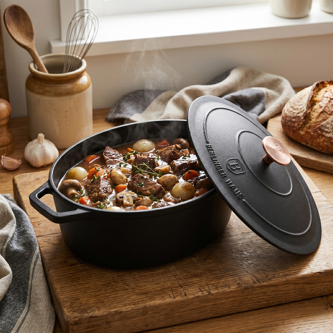 Berlinger Haus 30cm Enamel Coating Cast Iron Oval Casserole - Black Rose Line