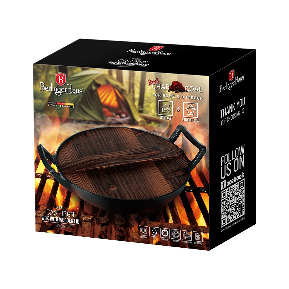 Berlinger Haus 30cm Cast Iron Wok with Wooden Lid - Black