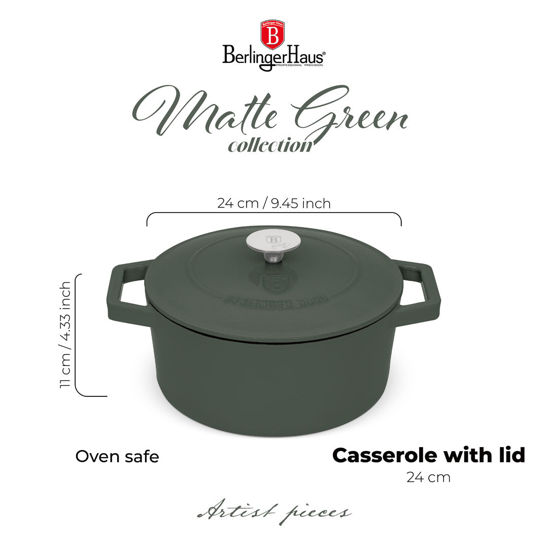 Berlinger Haus 24 cm Cast Iron Oval Roaster Stew Pot - Matte Green