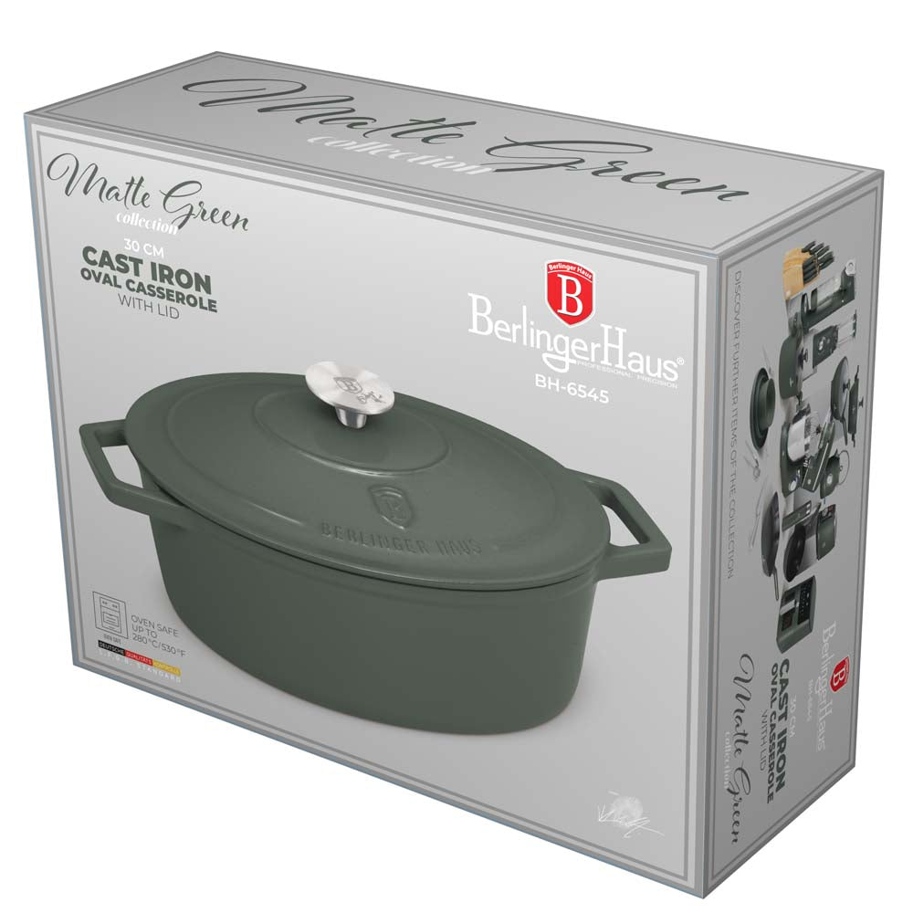 Berlinger Haus 30cm Cast Iron Oval Roaster Stew Pot - Matte Green