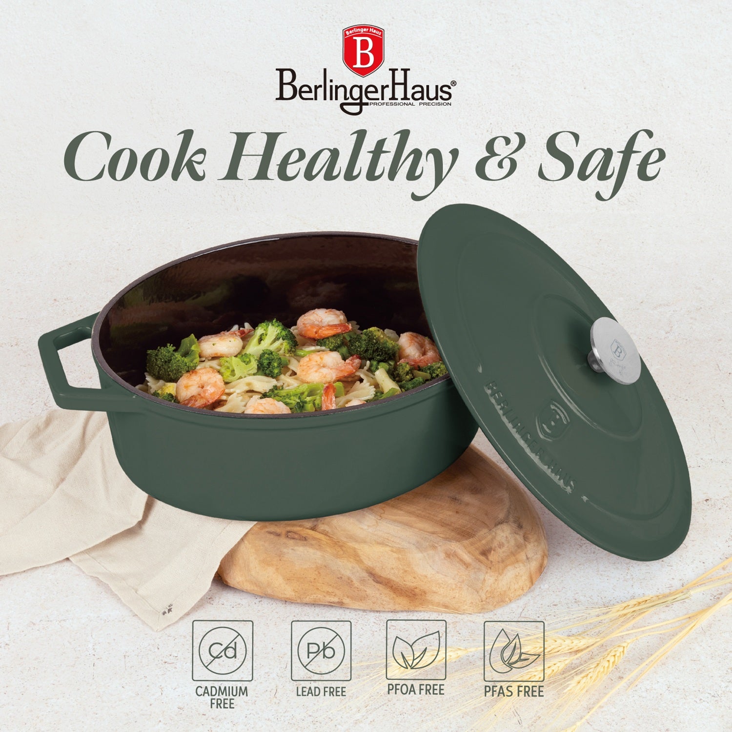 Berlinger Haus 30cm Cast Iron Oval Roaster Stew Pot - Matte Green