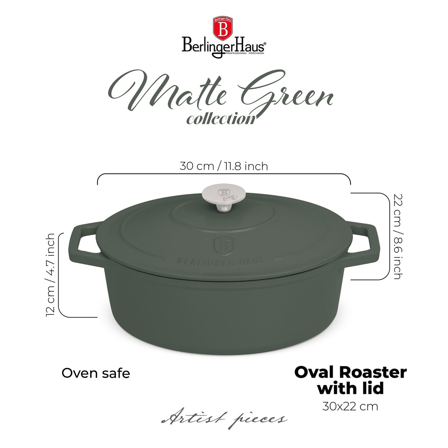 Berlinger Haus 30cm Cast Iron Oval Roaster Stew Pot - Matte Green