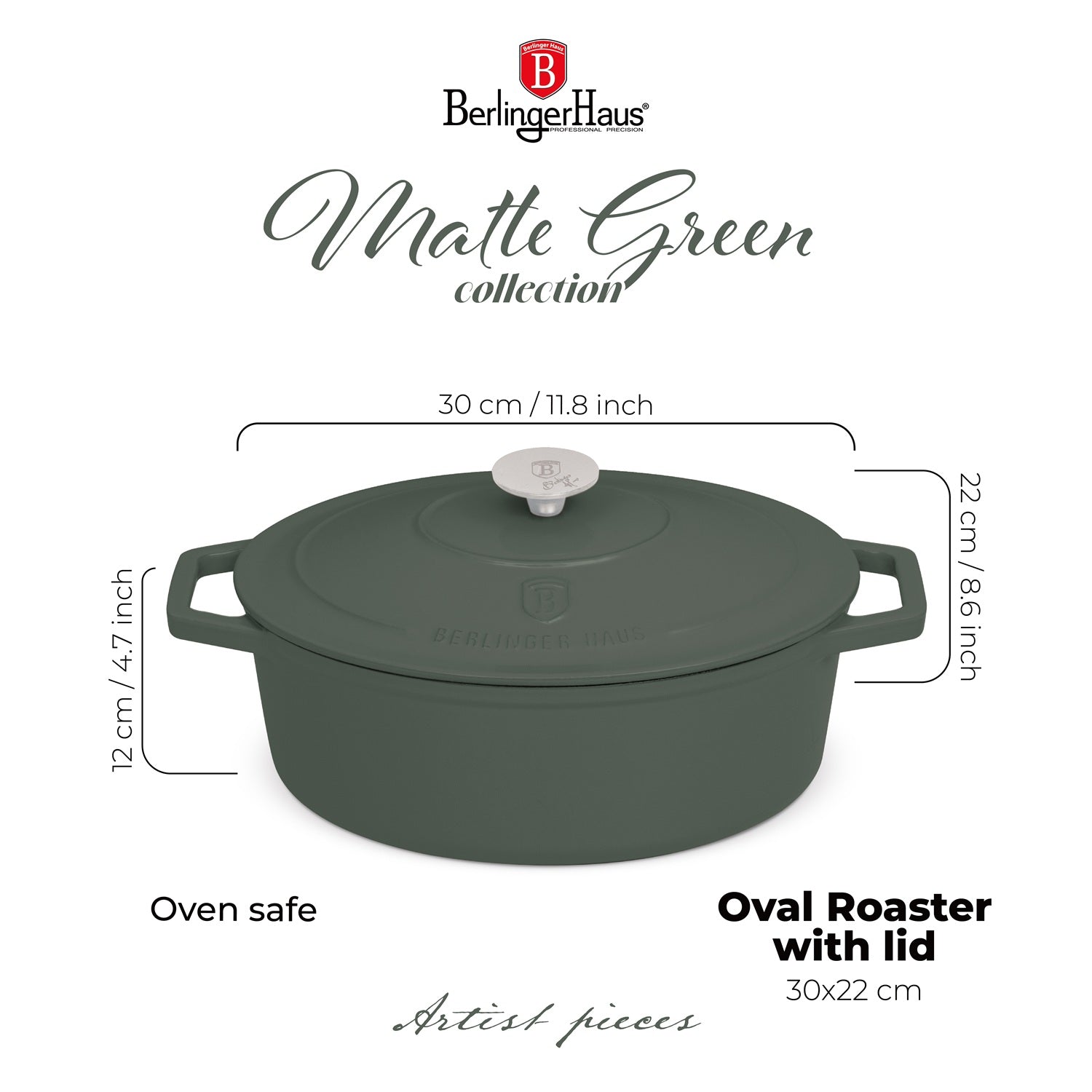 Berlinger Haus 30cm Cast Iron Oval Roaster Stew Pot - Matte Green