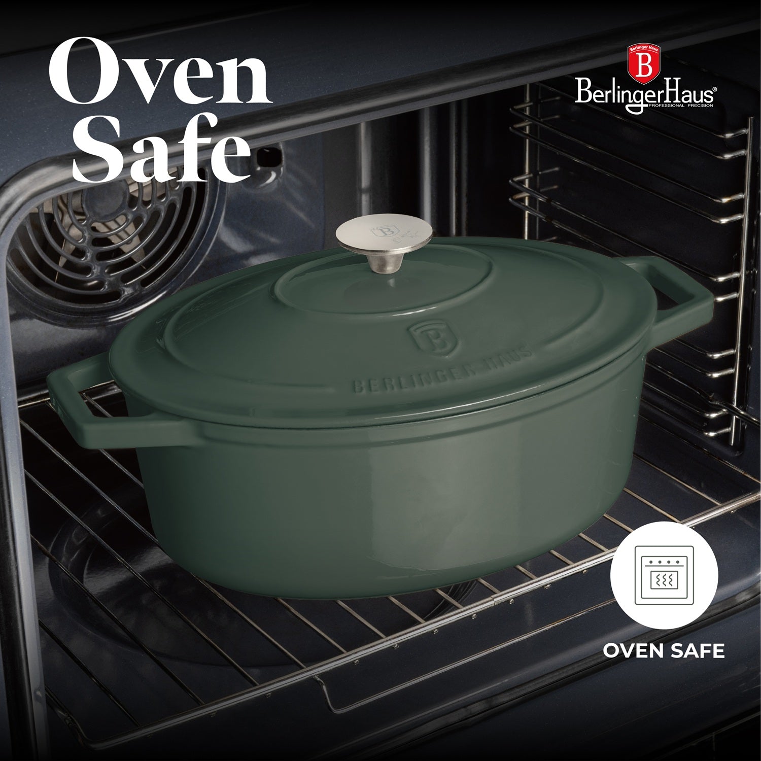 Berlinger Haus 30cm Cast Iron Oval Roaster Stew Pot - Matte Green