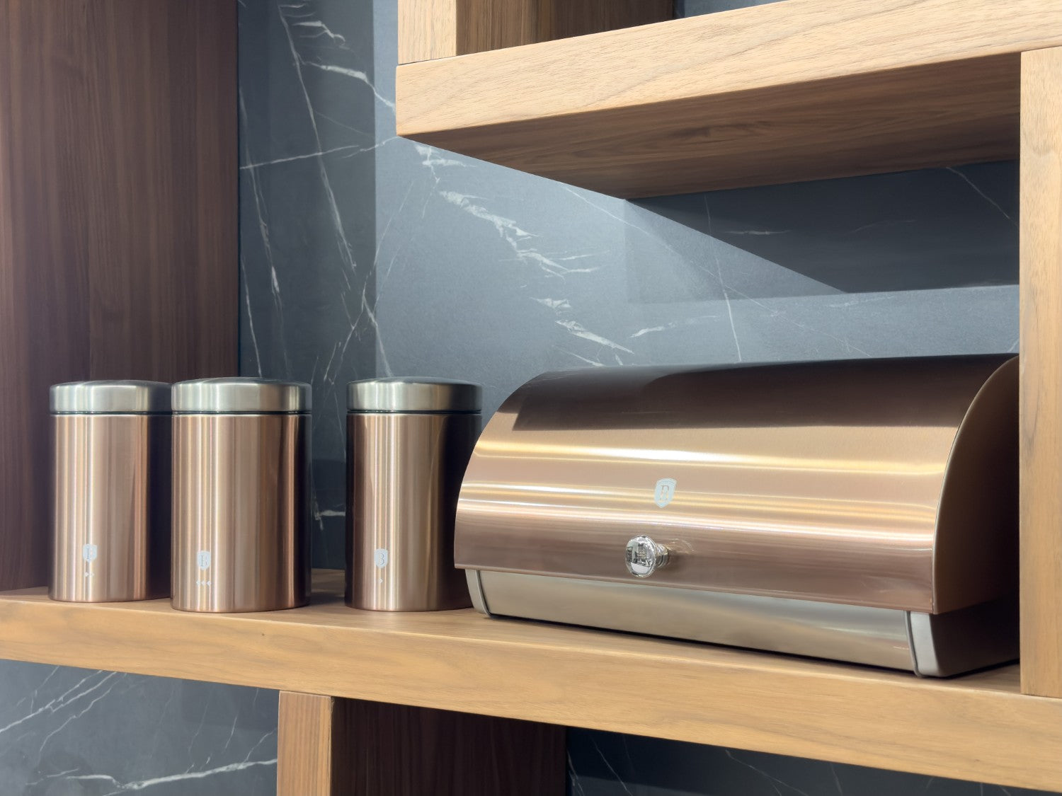 Berlinger Haus Bread Box with 3 Piece Canister Set - Metallic Rose Gold
