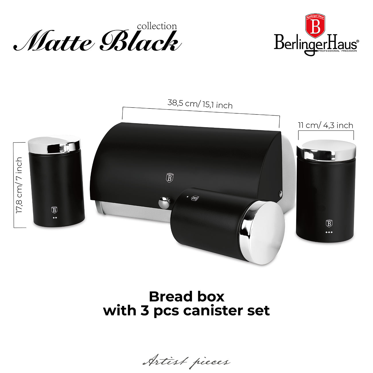 Berlinger Haus Bread Box with 3-Piece Canister Set – Matte Black
