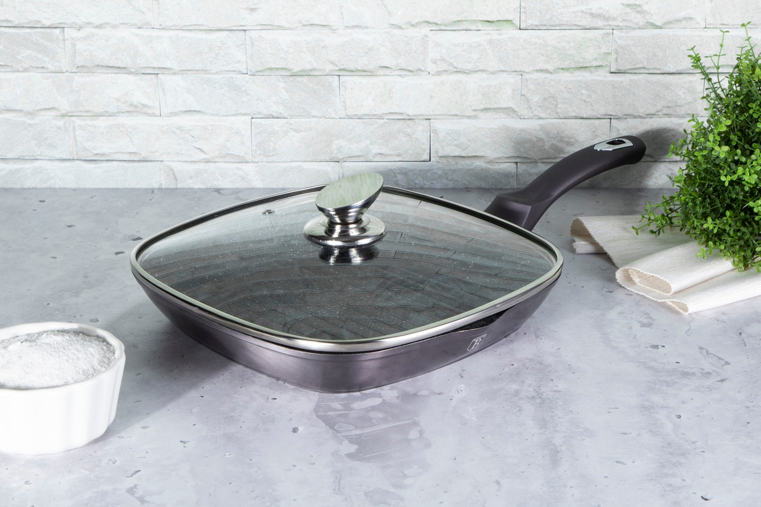 Berlinger Haus 28cm Marble Coating Grill Pan with Lid - Carbon Pro Edition