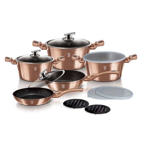 Berlinger Haus 13-Piece Marble Coating Smart Lid Cookware Set - Rose Gold Metallic Line