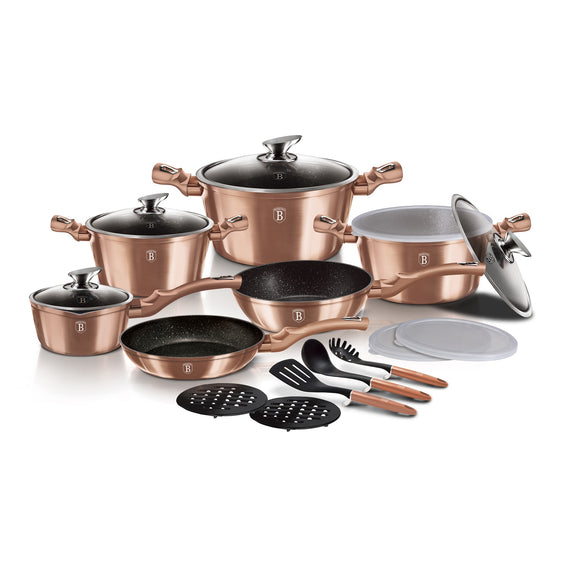 Berlinger Haus 18-Piece Marble Coating Smart Lid Cookware Set - Rose Gold Metallic