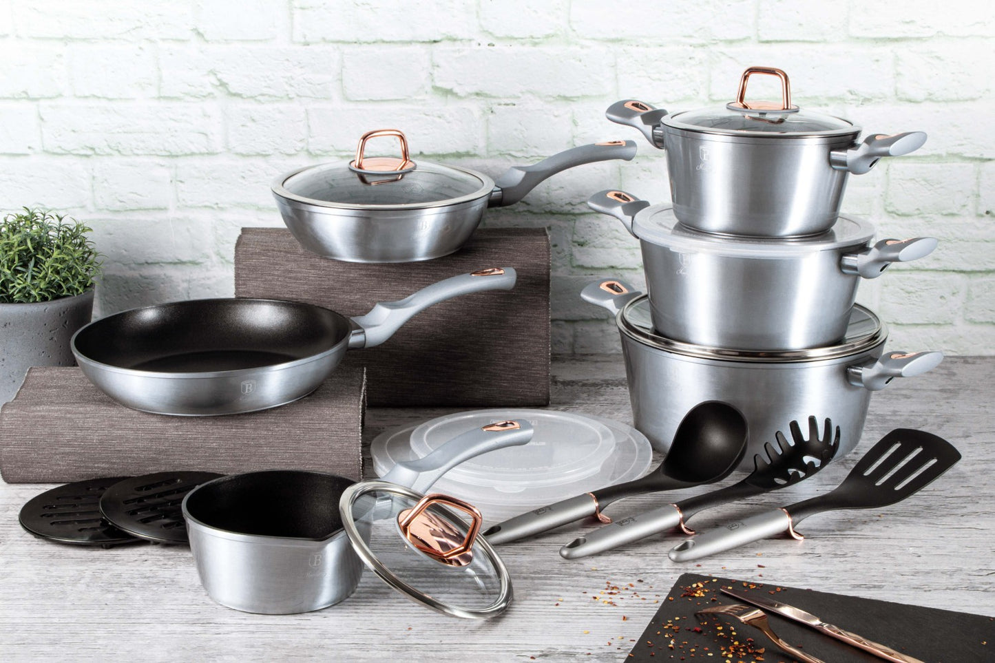 Berlinger Haus 18-Piece Marble Coating Smart Lid Cookware Set - MoonLight