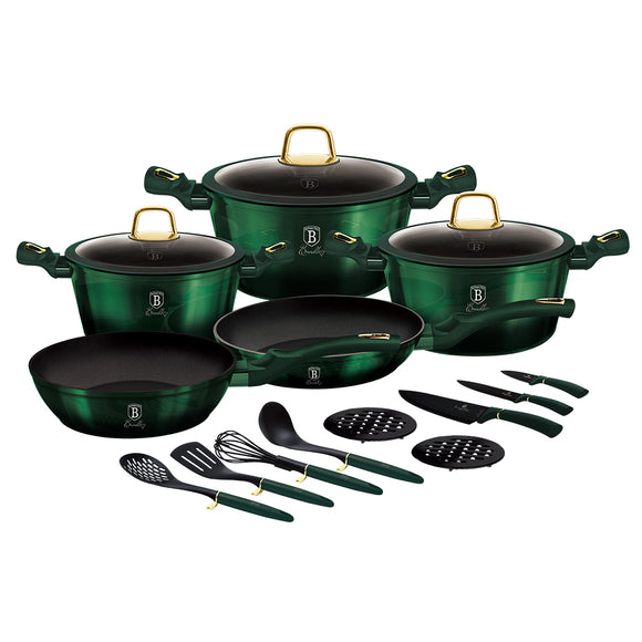 Berlinger Haus 17-Piece Non-Stick Marble Coating Cookware Set - Emerald