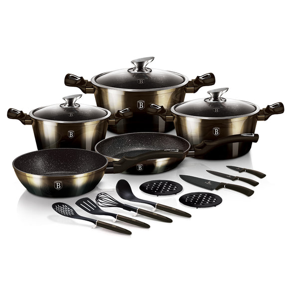 Berlinger Haus 17-Piece Marble Non-Stick Coating Cookware Set - Shiny Black