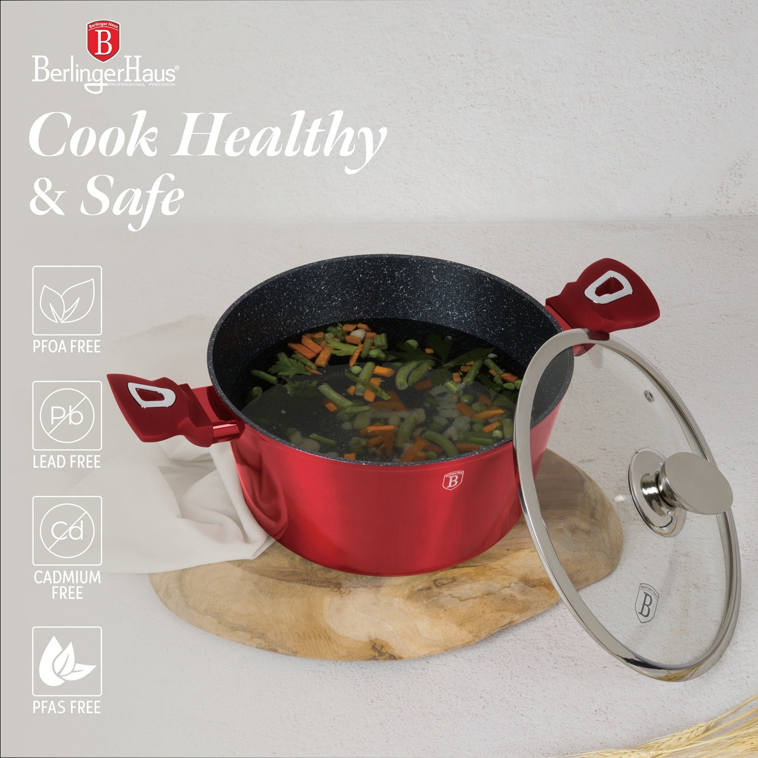 Berlinger Haus 20cm Marble Coating Non-Stick Casserole – Burgundy Metallic