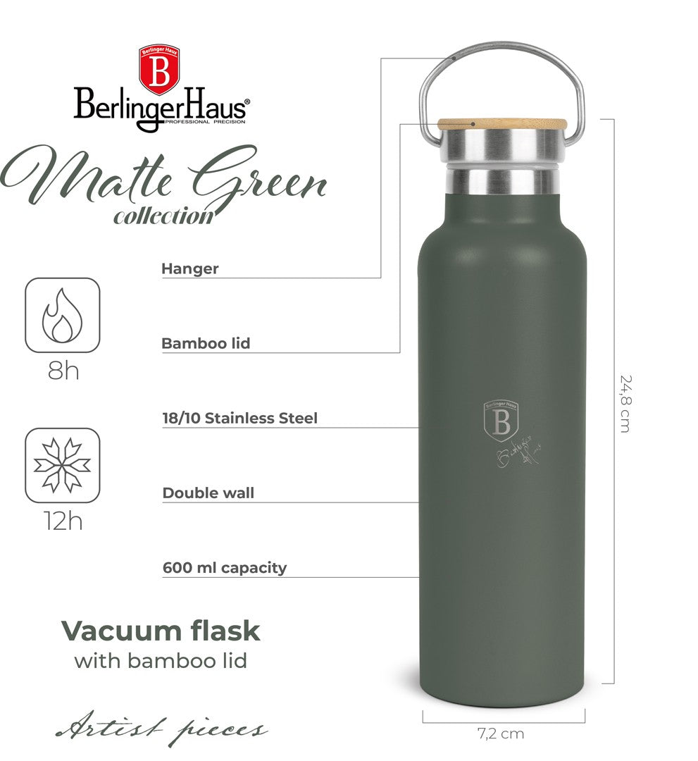 Berlinger Haus 600ml Stainless Steel Flask with Bamboo Lid – Matte Green