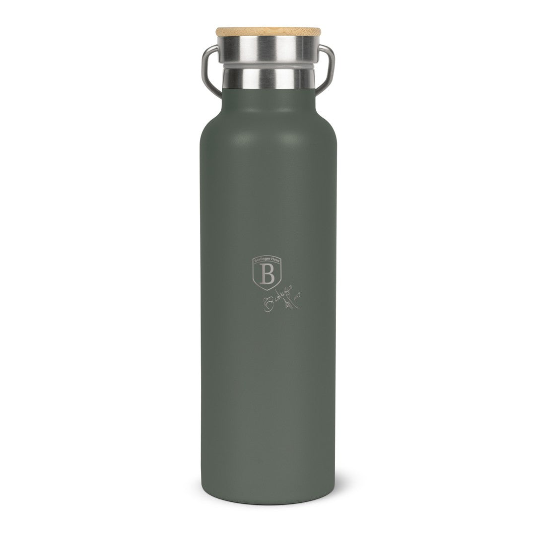 Berlinger Haus 600ml Stainless Steel Flask with Bamboo Lid – Matte Green