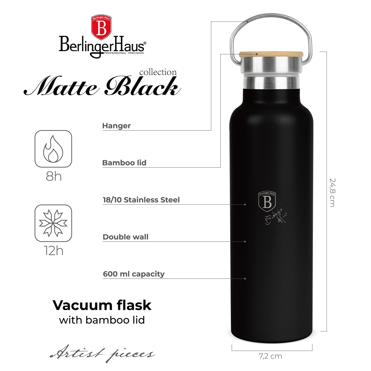 Berlinger Haus 600ml Stainless Steel Flask with Bamboo Lid - Matt Black