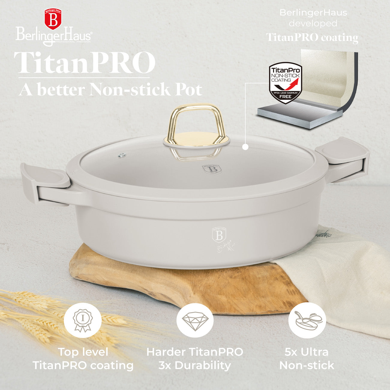 Berlinger Haus 28cm Titan Pro Non-Stick Coating Shallow Pot - Sahara
