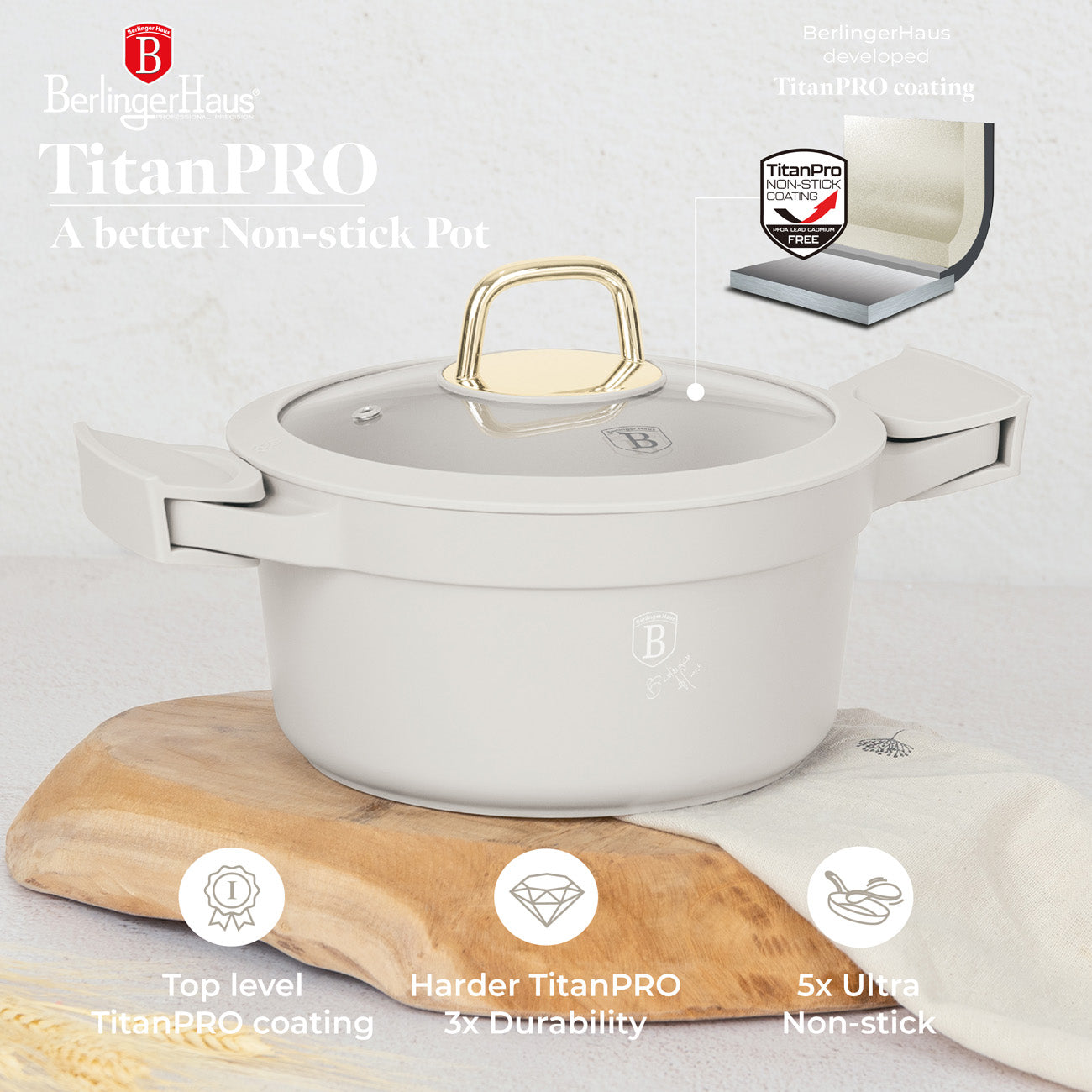 Berlinger Haus 20cm Titan Pro Non-Stick Coating Oven Safe Casserole – Sahara