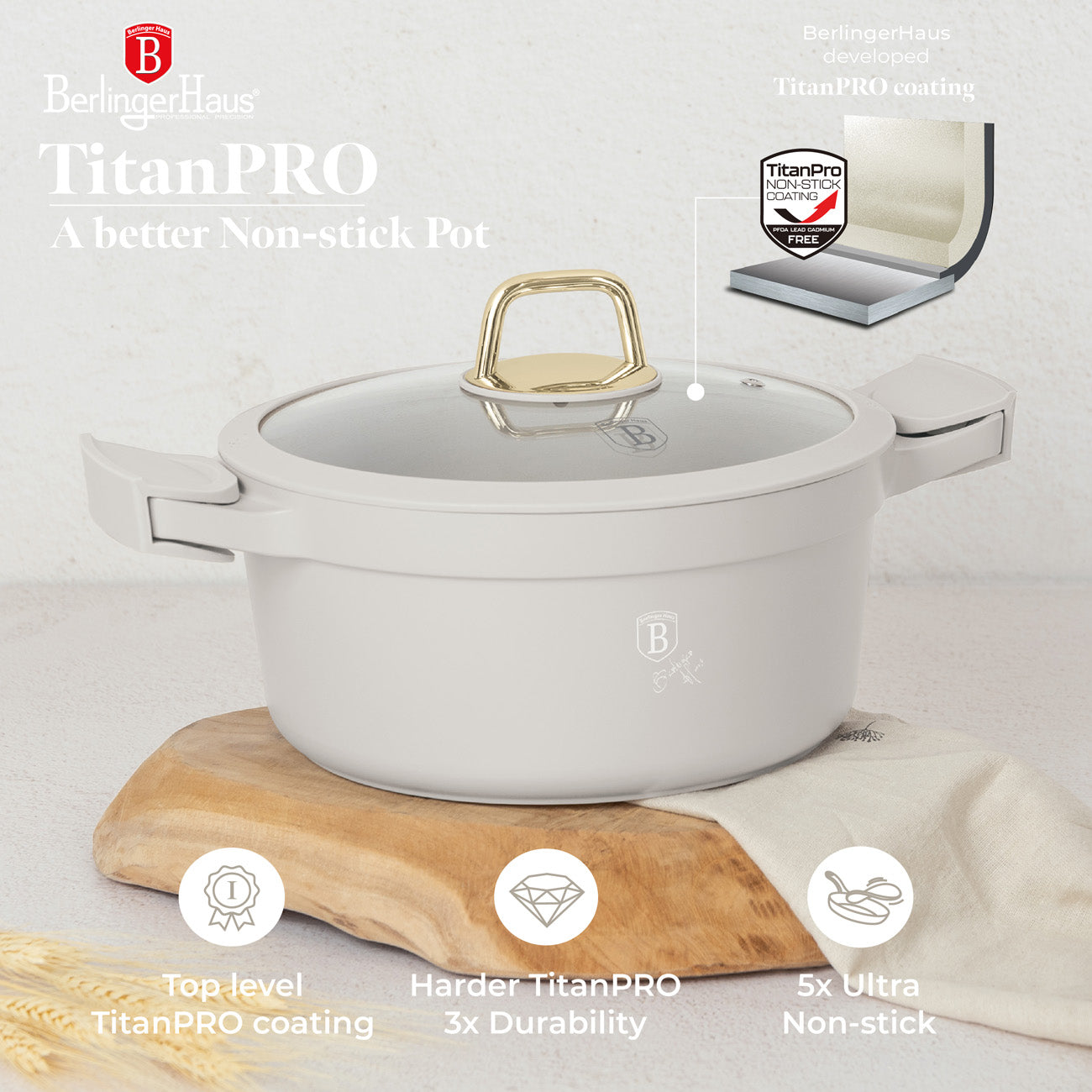 Berlinger Haus 24cm Titan Pro Non-Stick Coating Oven Safe Casserole – Sahara