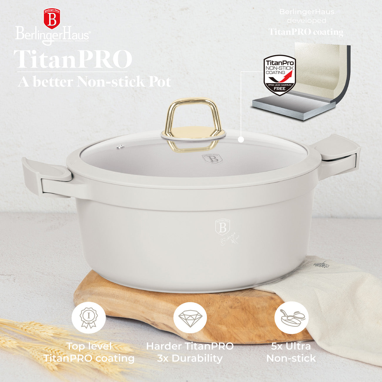 Berlinger Haus 28cm Titan Pro Non-Stick Coating Oven Safe Casserole – Sahara