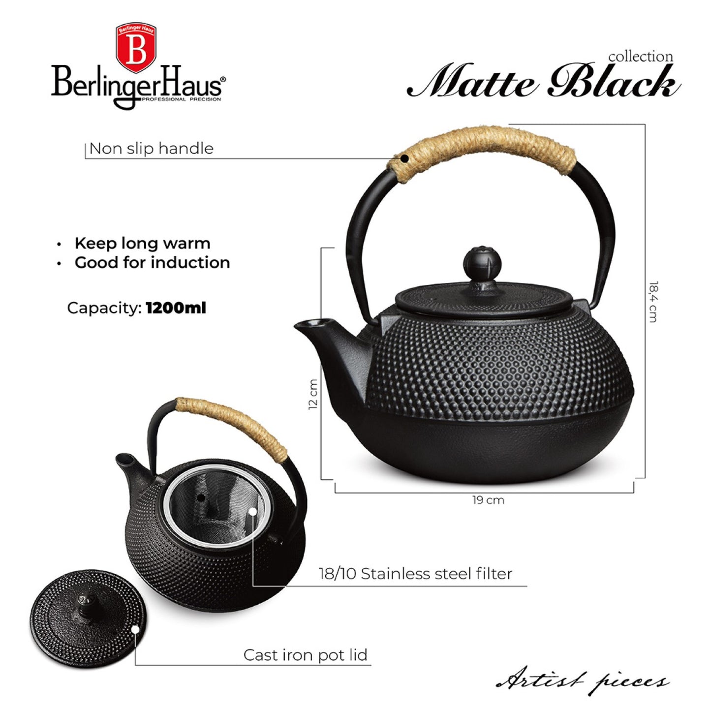 Berlinger Haus 1.2L Cast Iron Tea Pot with Stainless Steel Filter
