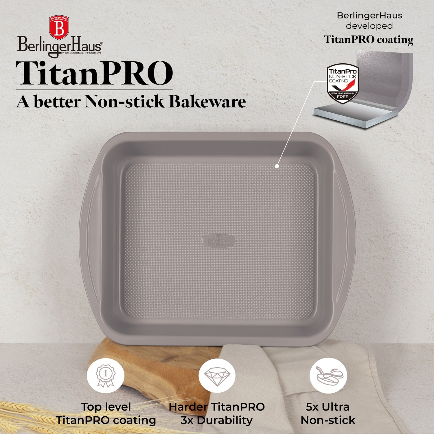 Berlinger Haus 40cm Titan Pro Non-Stick Coating Oblong Roaster Pan - Taupe