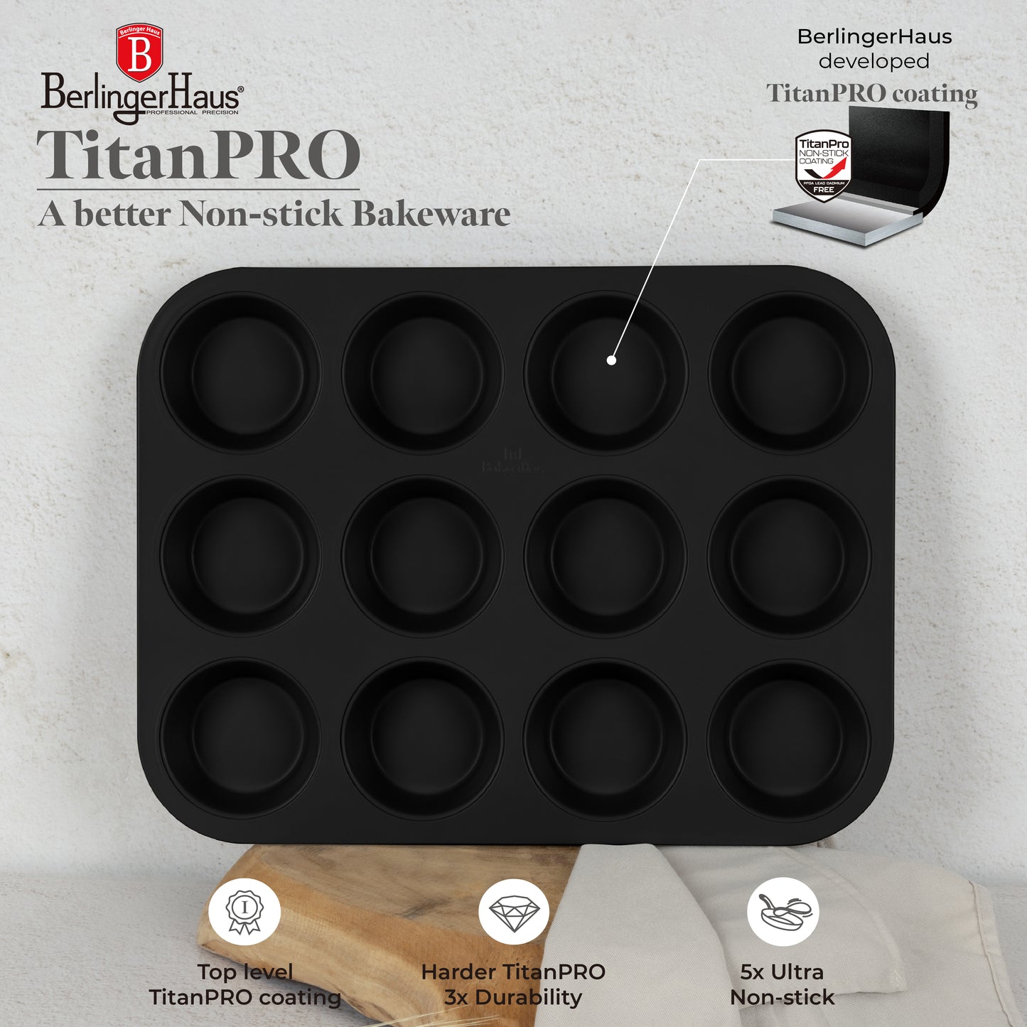 Berlinger Haus 12-Cup Titan Pro Non-Stick Coating Muffin Pan - Matte Black