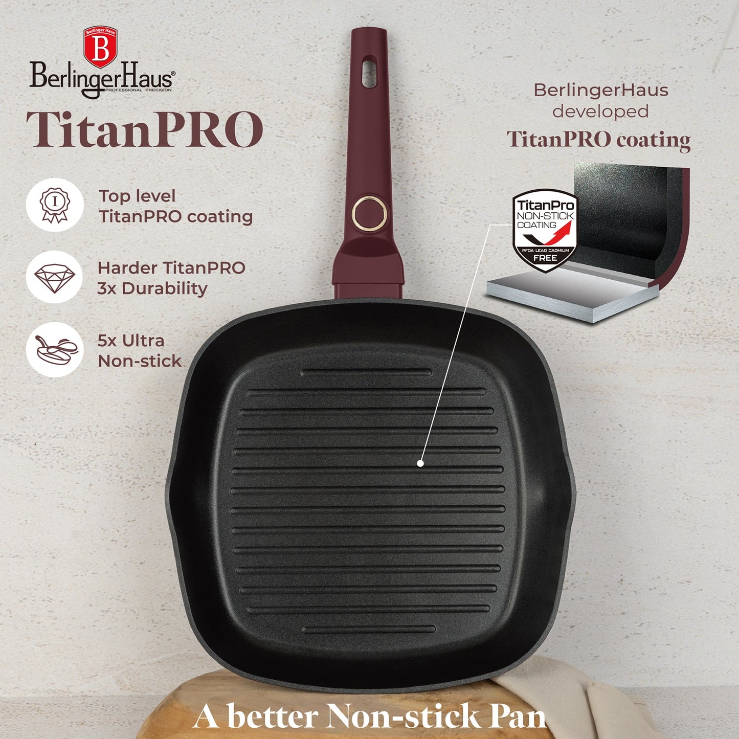 Berlinger Haus 28cm Titan Pro Non-Stick Coating Grill Pan with Lid - Leonardo
