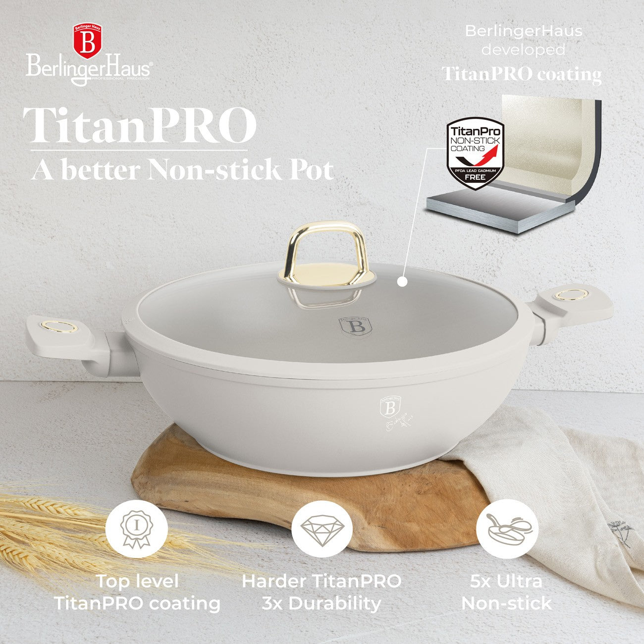 Berlinger Haus 30cm Titan Pro Non-Stick Wok with Lid - Sahara