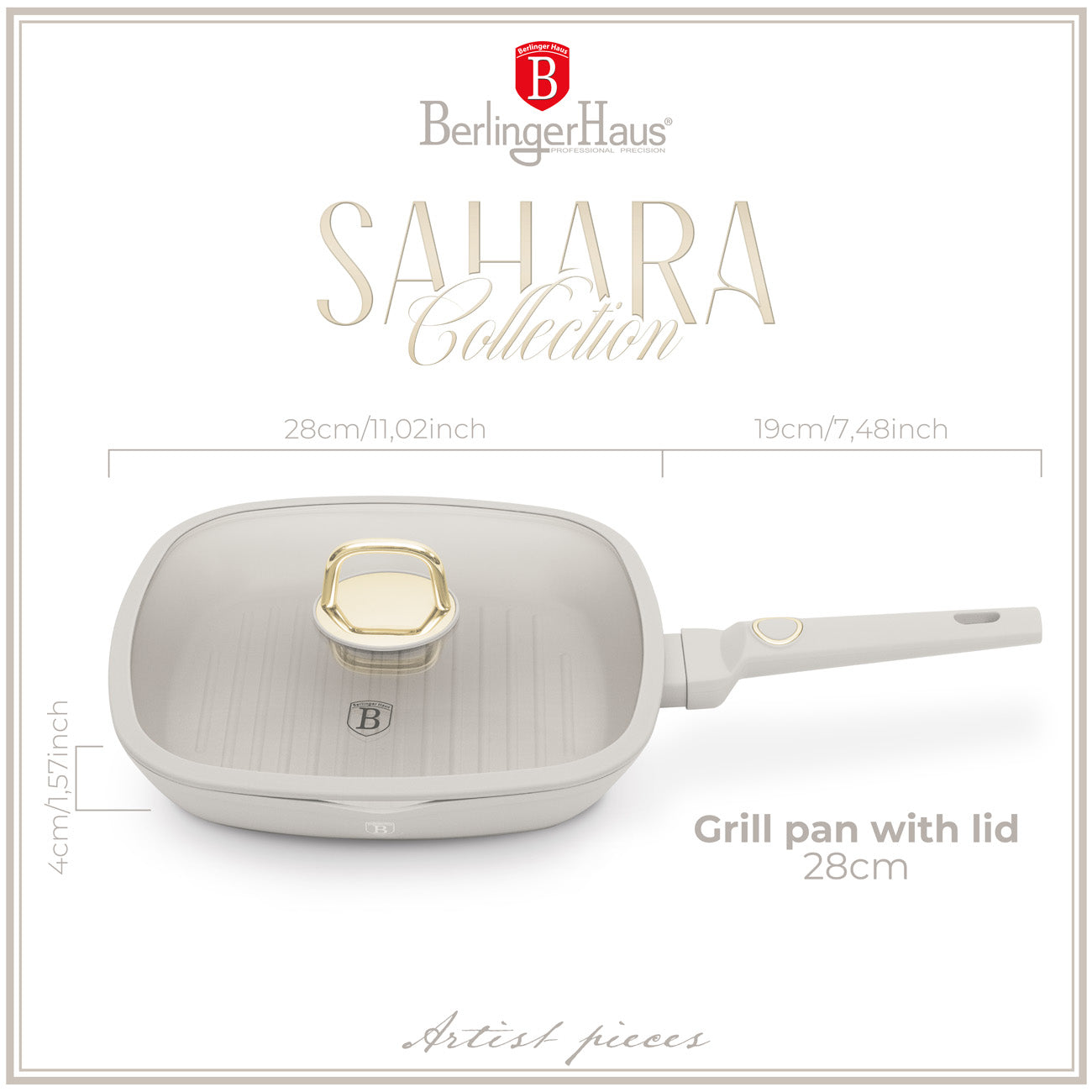 Berlinger Haus 28cm Titan Pro Non-Stick Grill Pan with Lid - Sahara