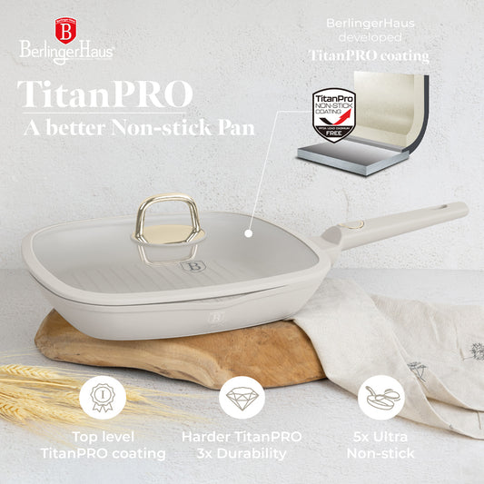 Berlinger Haus 28cm Titan Pro Non-Stick Grill Pan with Lid - Sahara