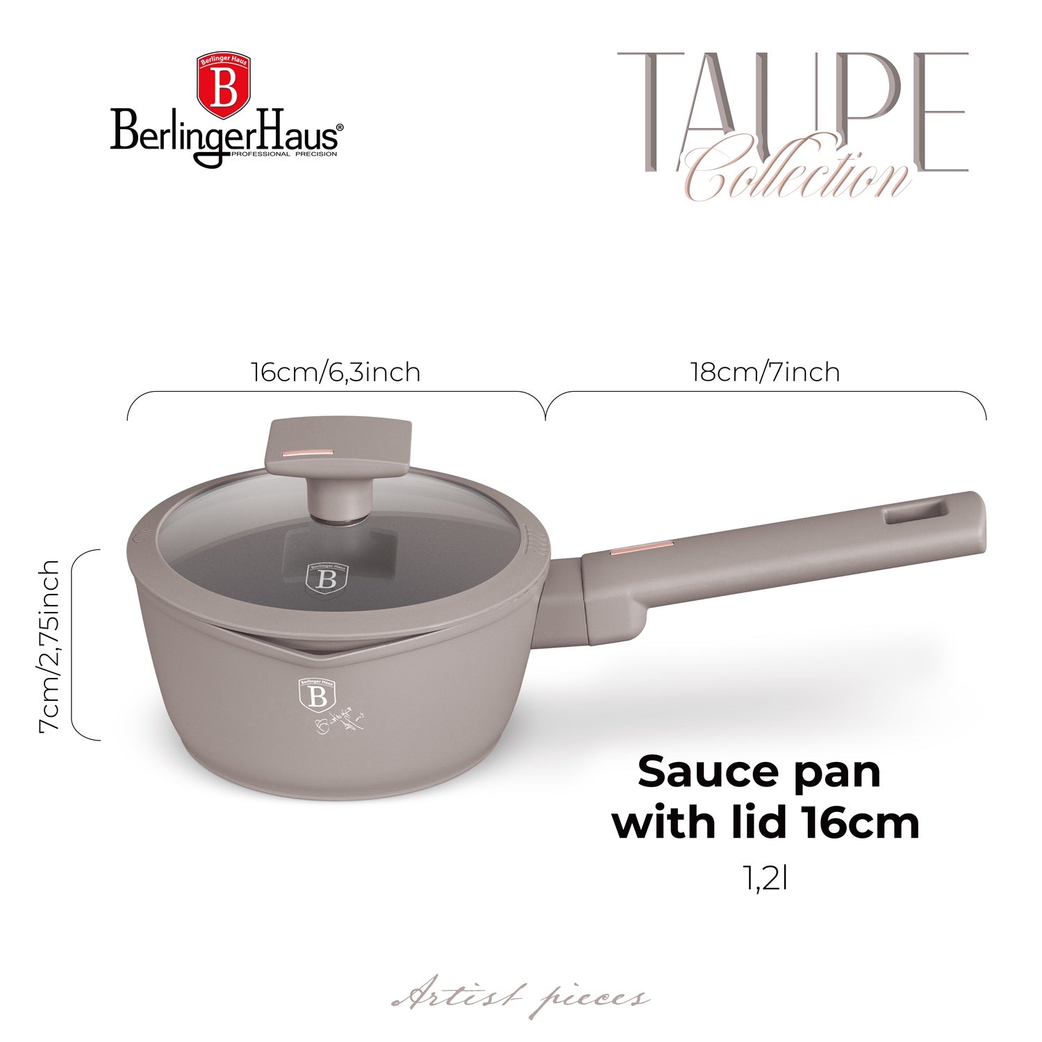 Berlinger Haus 16cm Titan Pro Non Stick Coating Sauce Pan with Glass Lid - Taupe