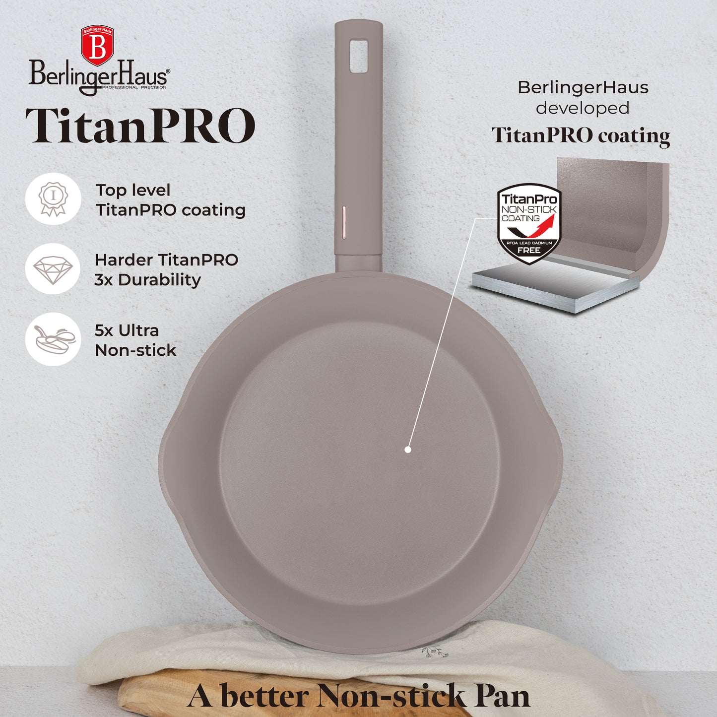 Berlinger Haus 28cm Titan Pro Non-Stick Coating Deep Frypan – Taupe