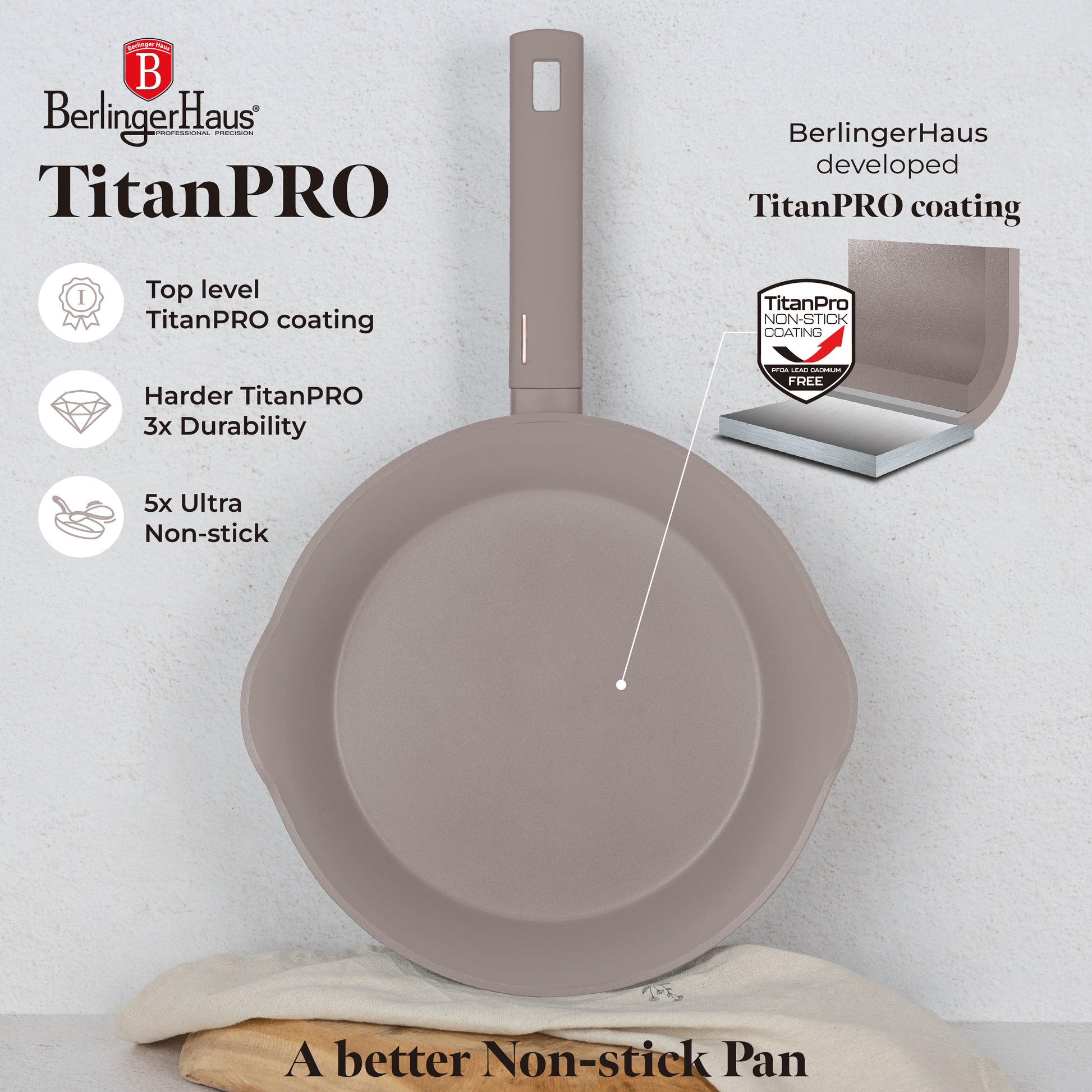 Berlinger Haus 28cm Titan Pro Non-Stick Coating Deep Frypan – Taupe