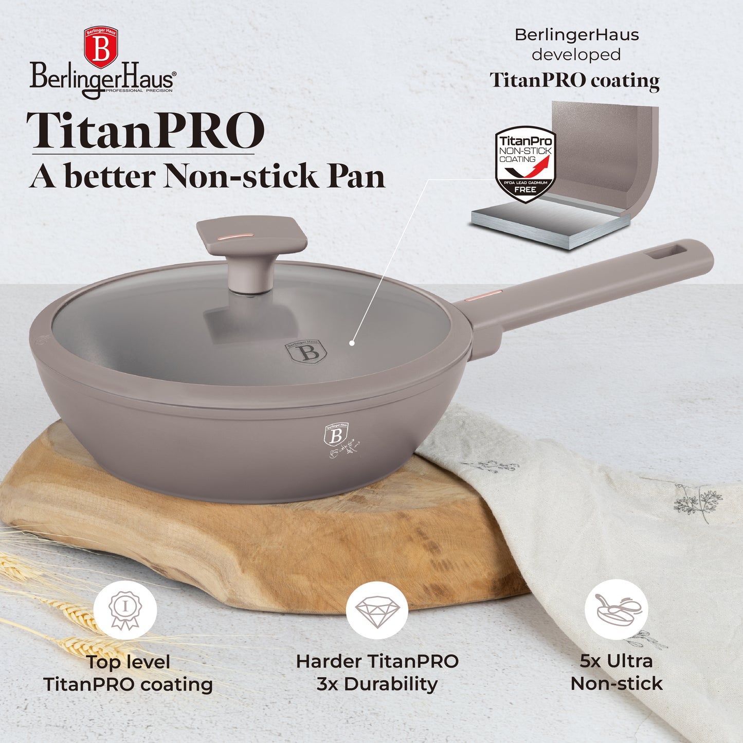 Berlinger Haus 24cm Titan Pro Non-Stick Coating Deep Frypan with Lid – Taupe