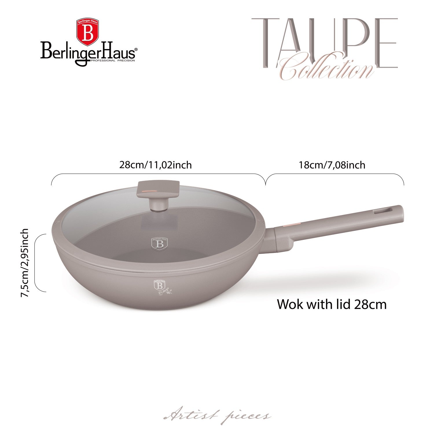 Berlinger Haus 28cm Titan Pro Non-Stick Wok with Lid - Taupe