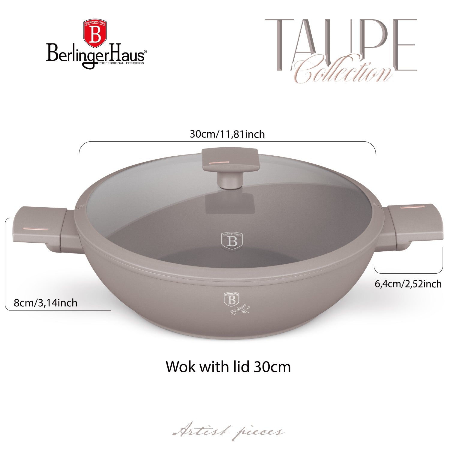 Berlinger Haus 30cm Titan Pro Non-Stick Wok with Lid - Taupe