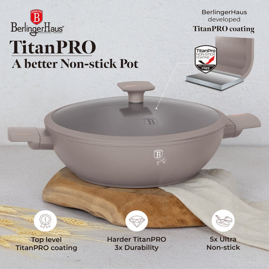 Berlinger Haus 30cm Titan Pro Non-Stick Wok with Lid - Taupe