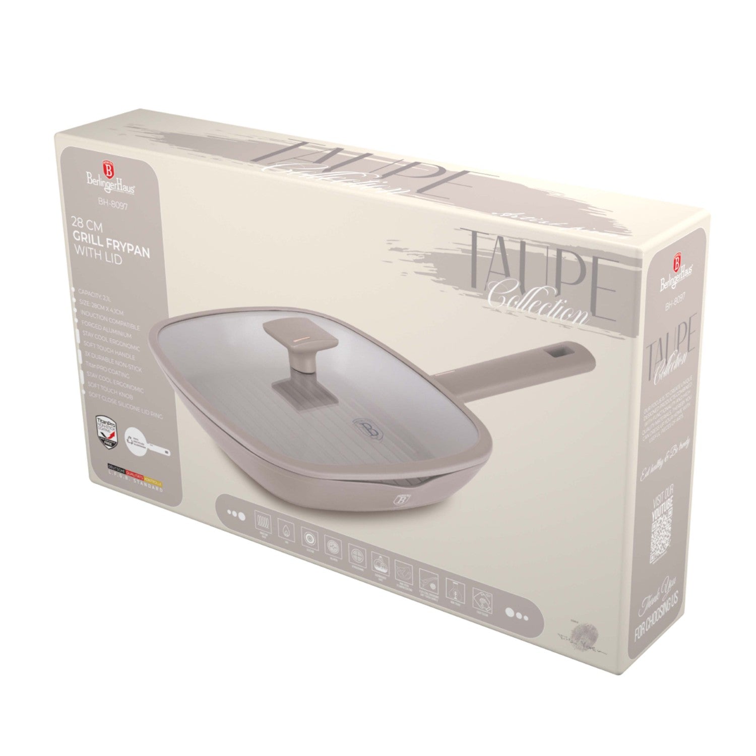 Berlinger Haus 28cm Titan Pro Non-Stick Grill Pan with Lid - Taupe