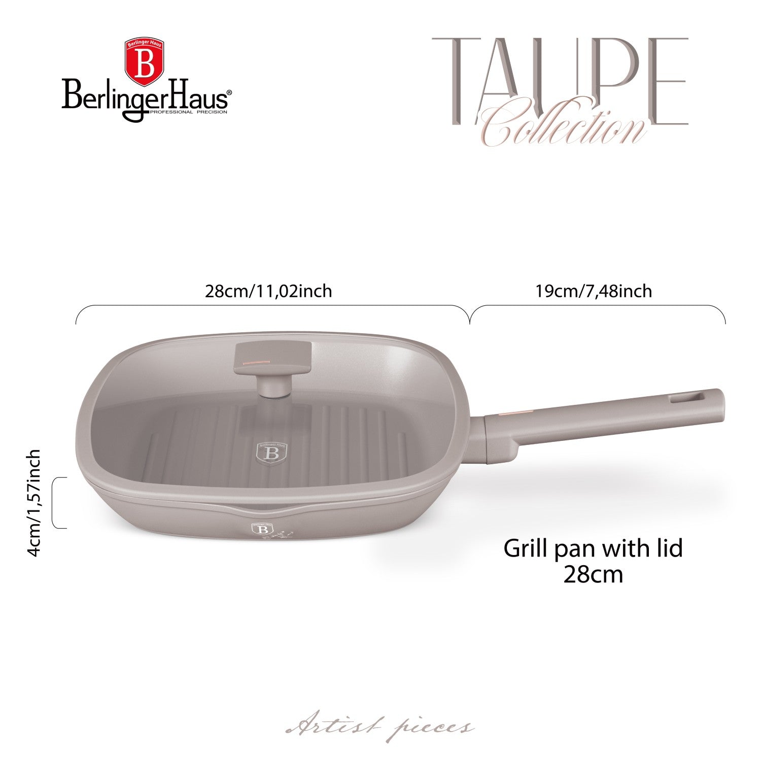 Berlinger Haus 28cm Titan Pro Non-Stick Grill Pan with Lid - Taupe
