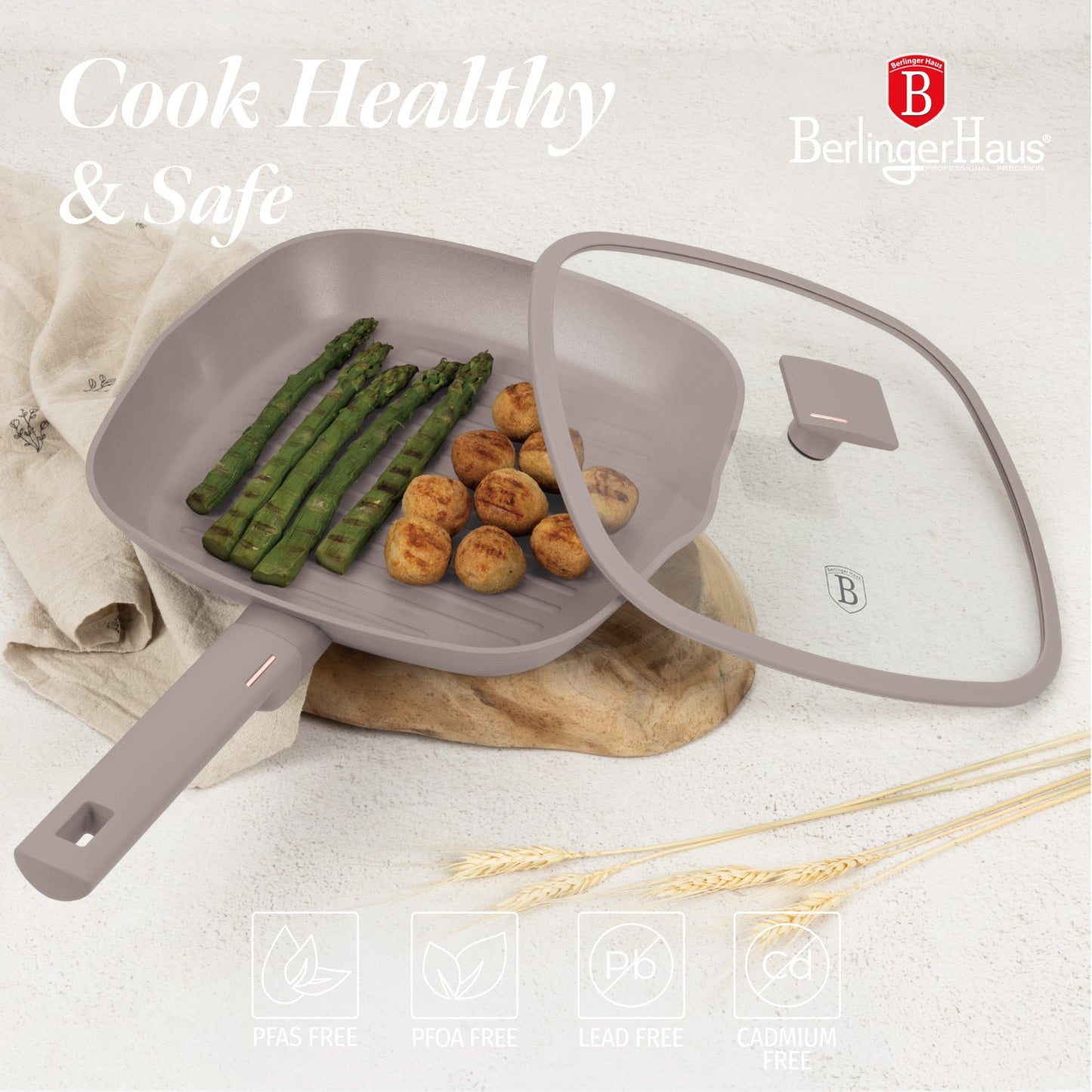 Berlinger Haus 28cm Titan Pro Non-Stick Grill Pan with Lid - Taupe