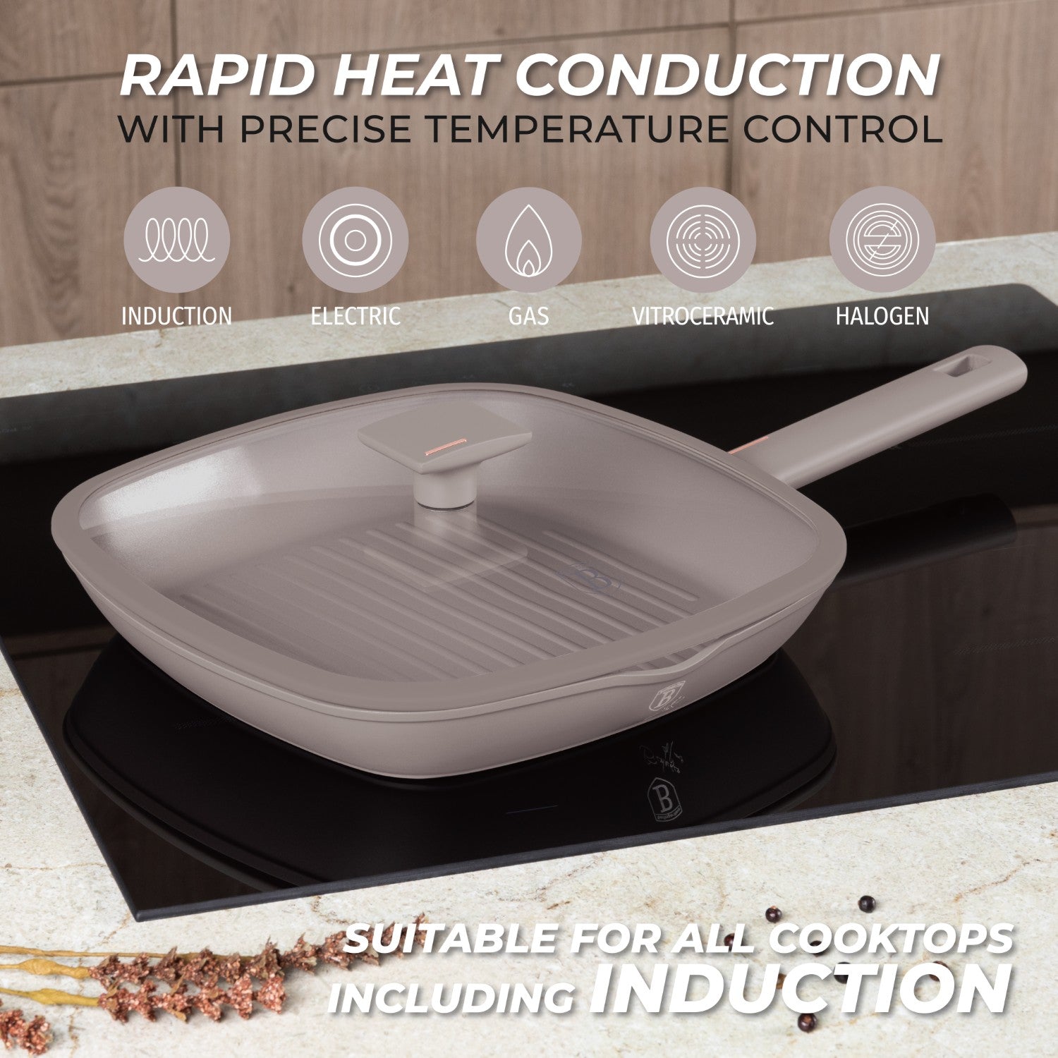 Berlinger Haus 28cm Titan Pro Non-Stick Grill Pan with Lid - Taupe