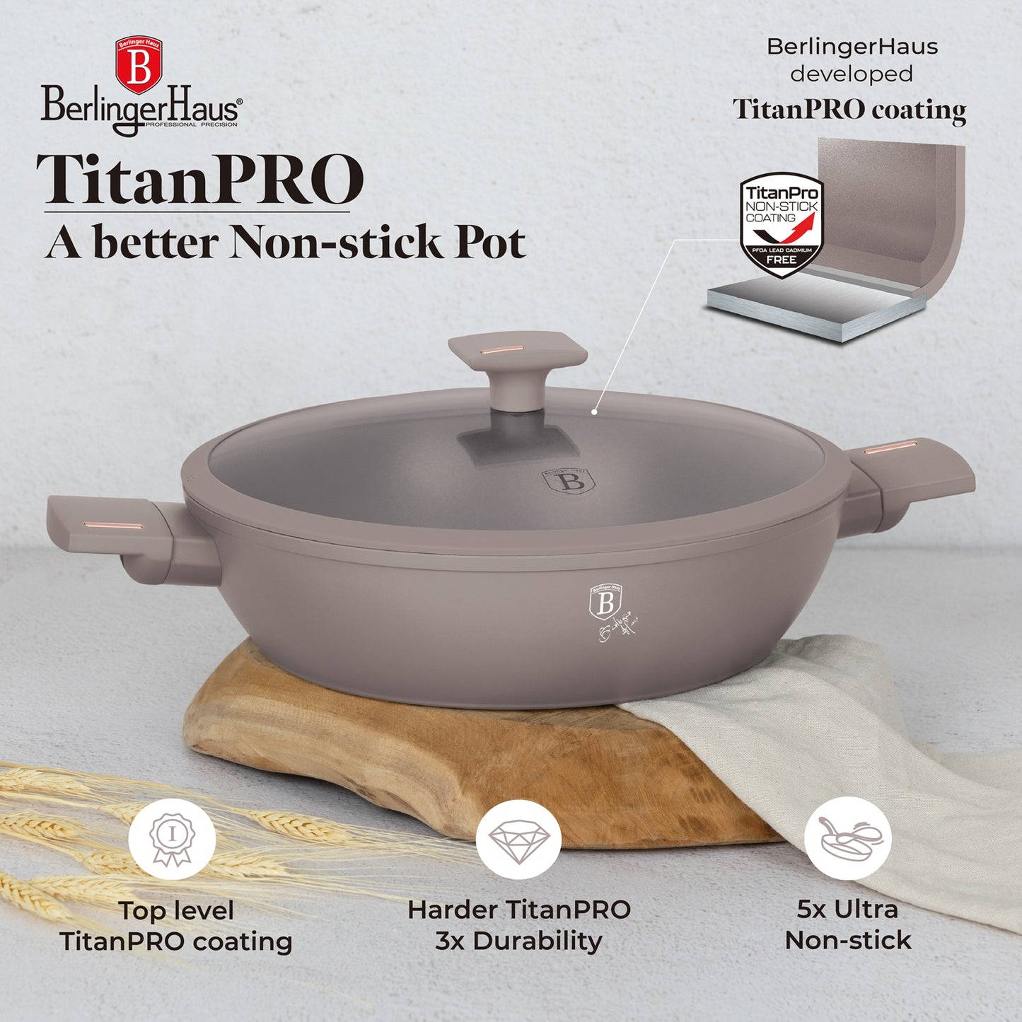 Berlinger Haus 30cm Titan Pro Non-Stick Coating Shallow Pot - Taupe