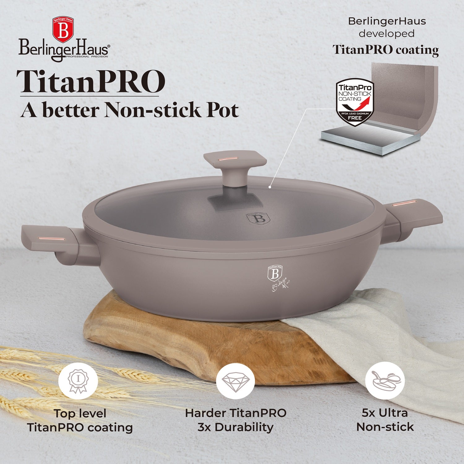 Berlinger Haus 30cm Titan Pro Non-Stick Coating Shallow Pot - Taupe