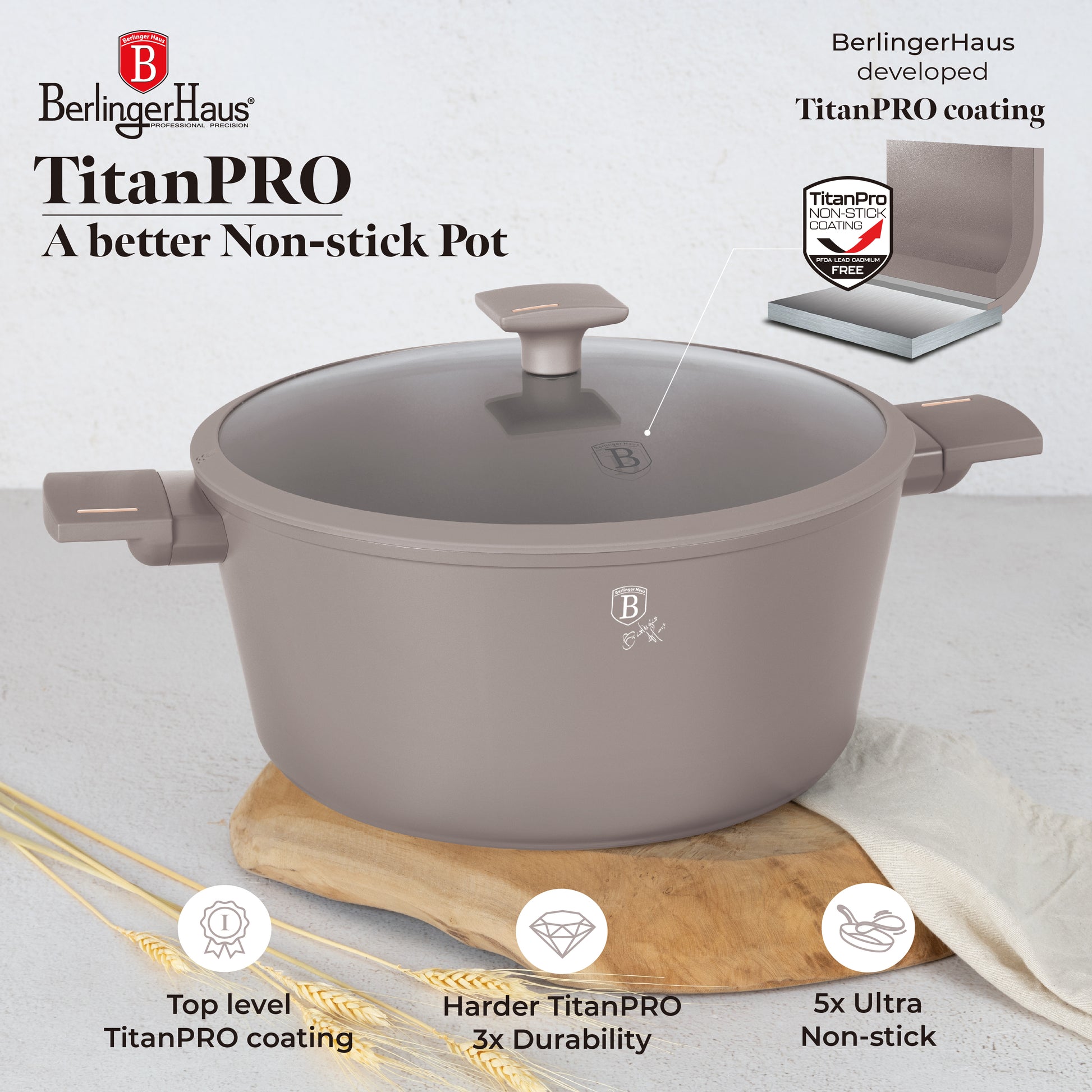 Berlinger Haus 30cm Titan Pro Non-Stick Coating Casserole – Taupe