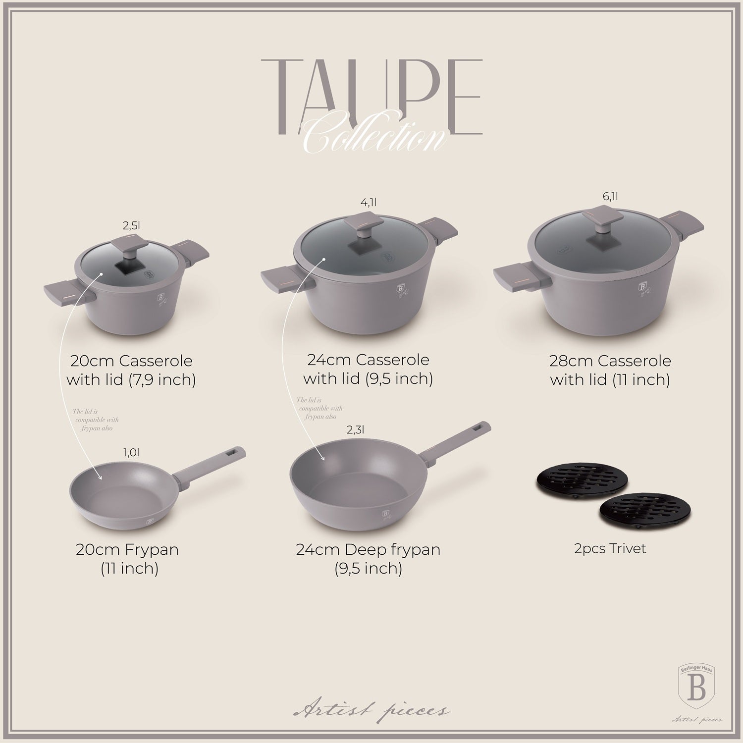 Berlinger Haus 10-Piece Non-Stick Titan Pro Coating Cookware Set - Taupe