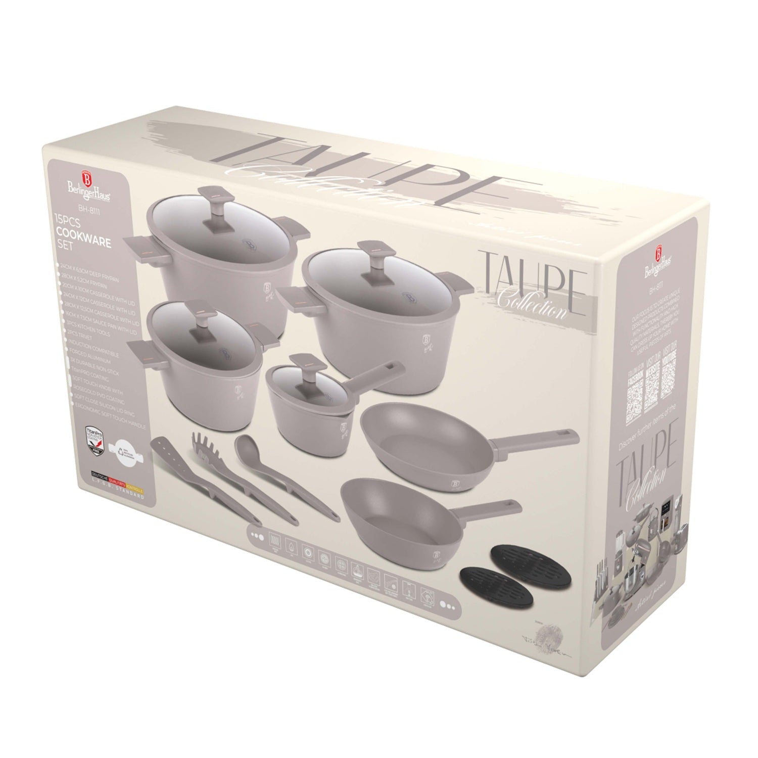 Berlinger Haus 15-Piece Non-Stick Titan Pro Coating Cookware Set - Taupe